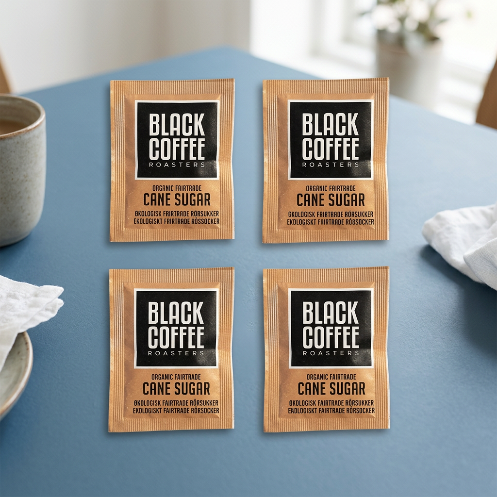 Fire breve med Black Coffee Roasters rørsukker på blåt morgenbord