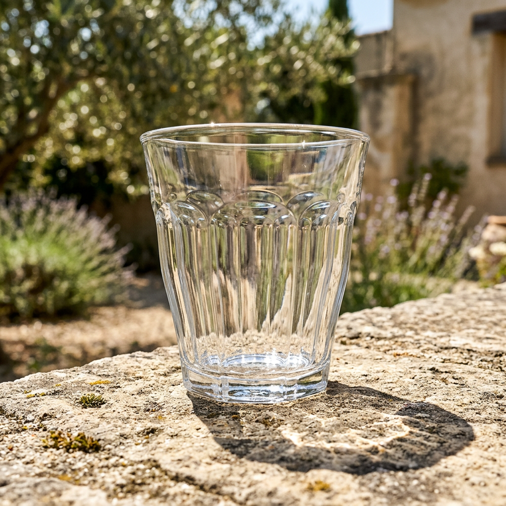 Tomt caféglas på stenafsats i solrig have