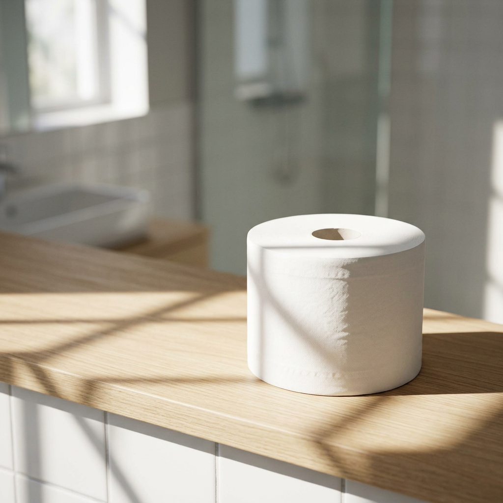 Hvid SmartOne T8-toiletrulle på træhylde i sollyst kontortoilet