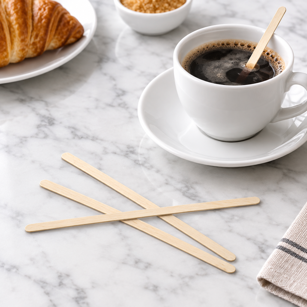 Rørepinde i træ ved kaffe og morgenmad på marmorbord