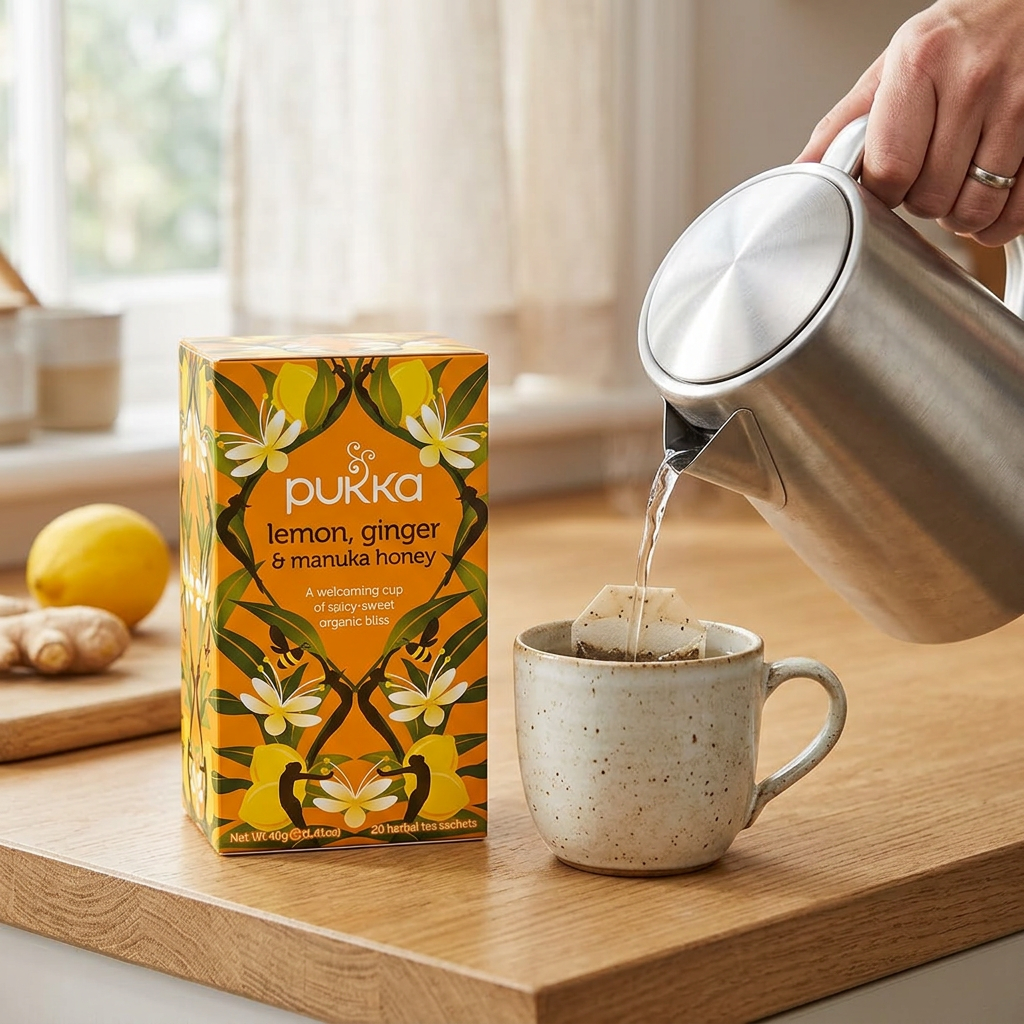 Pukka Lemon Ginger og Manuka Honey ved tilberedning med varmt vand