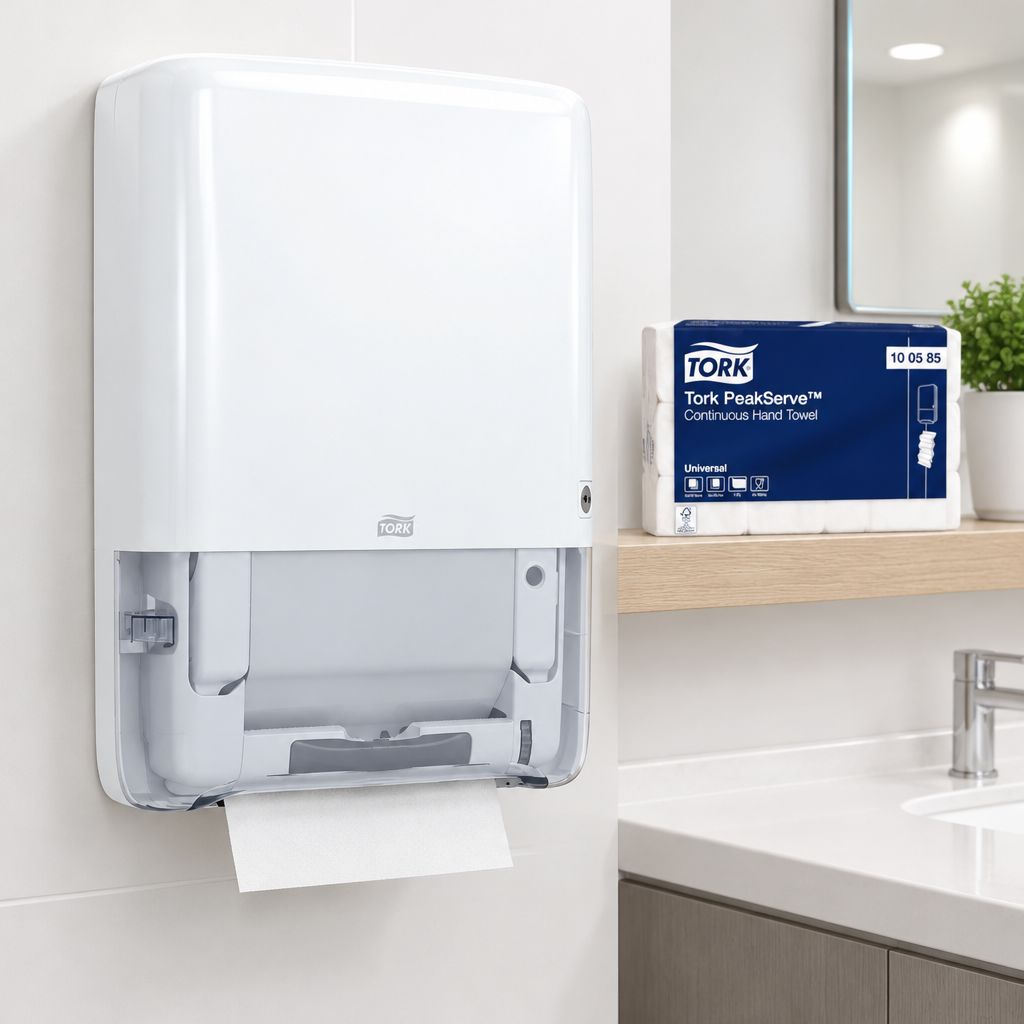 Hvid Tork PeakServe Mini med separat H5 100585 refillpakke i baggrunden; papir medfølger ikke