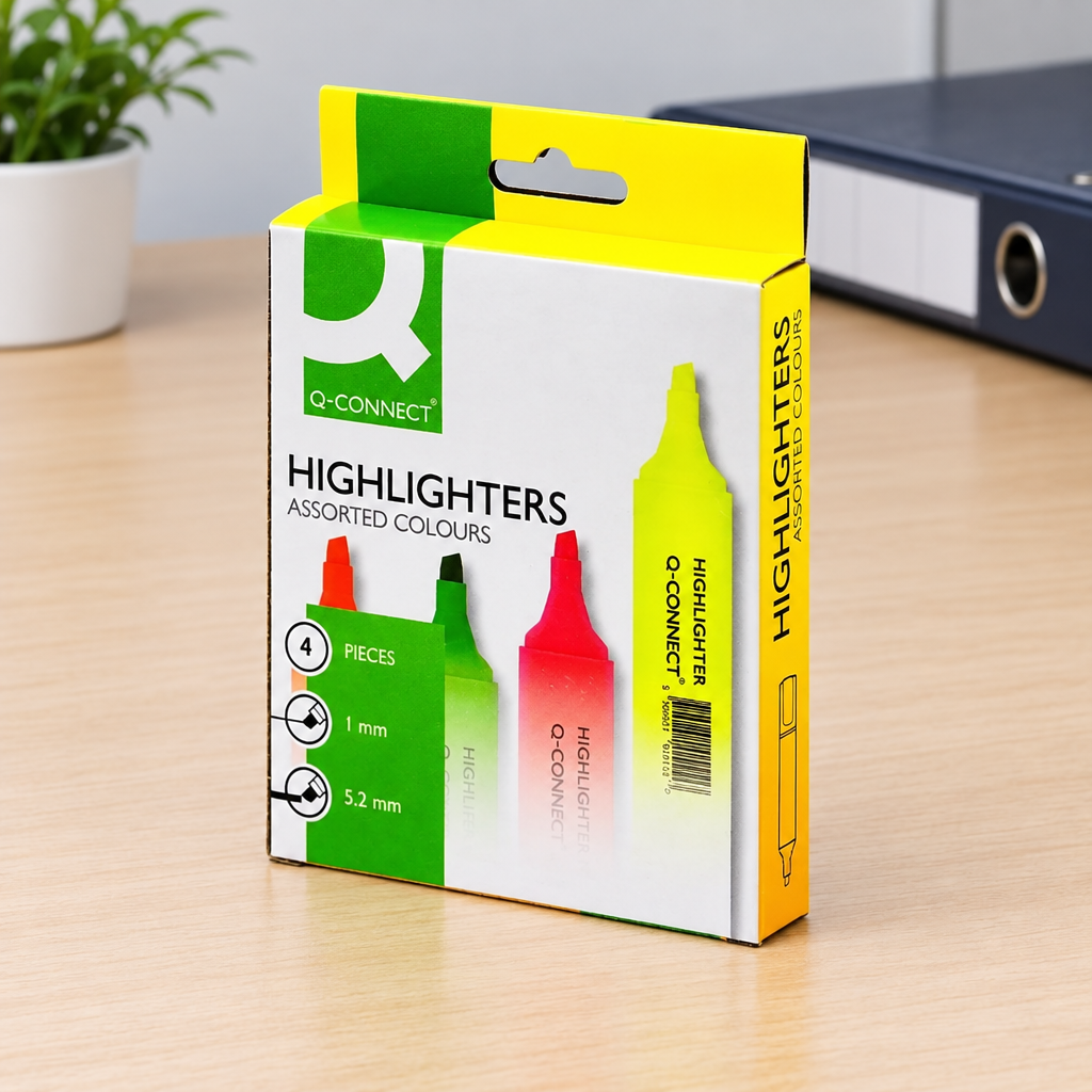 Q-Connect highlighterpakke på arbejdsbord med ringbind, genereret miljøbillede