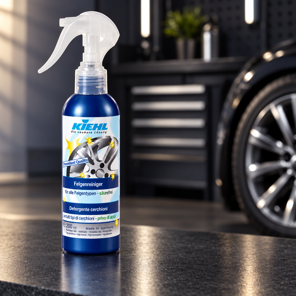 Kiehl WheelCleaner King på mørkt bord i bilplejestudie