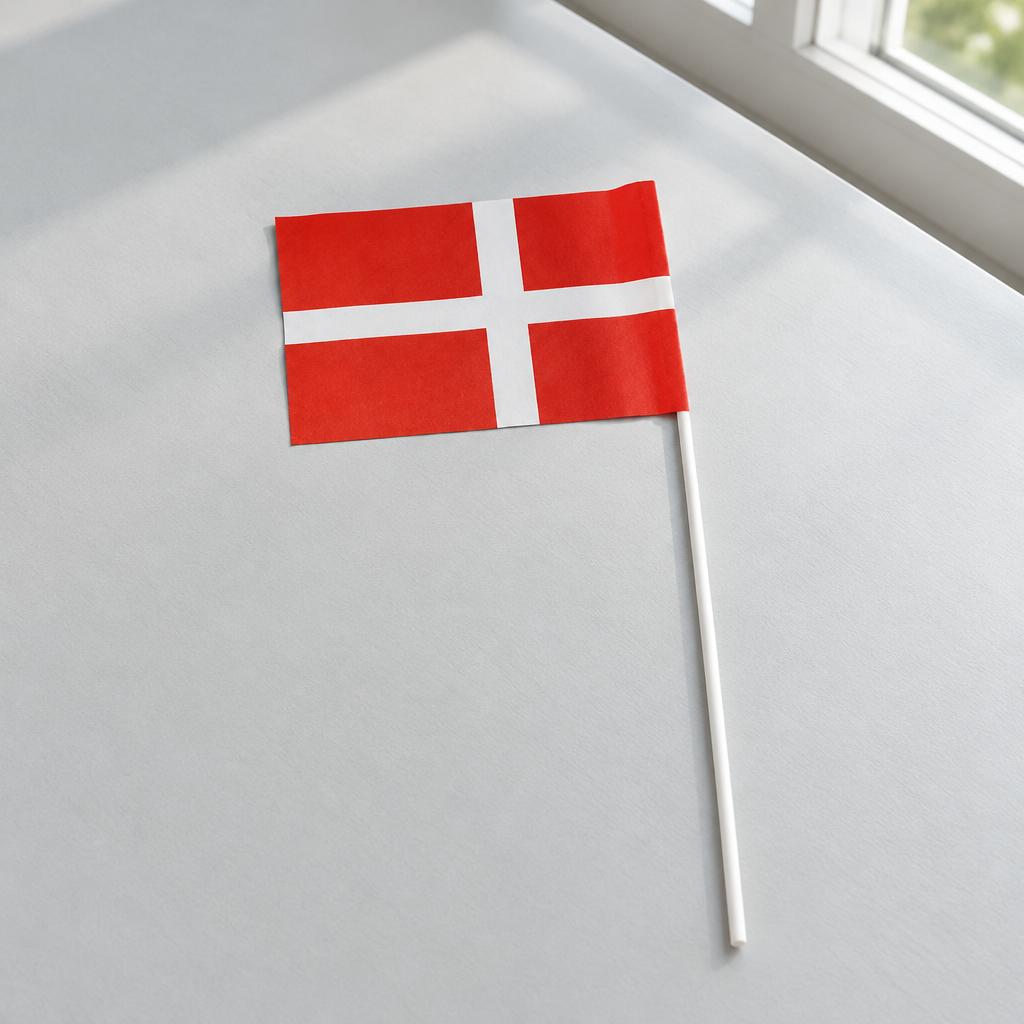 Dannebrog papirflag på en lys bordplade ved et vindue