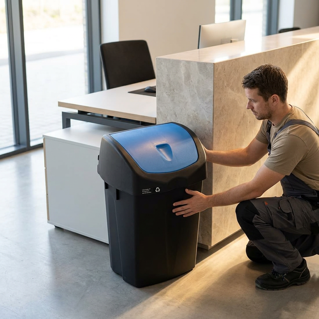 Placering af affaldsspand med blåt vippelåg ved receptionen