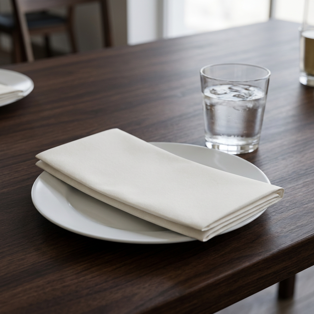 Rektangulært foldet hvid serviet på restauranttallerken