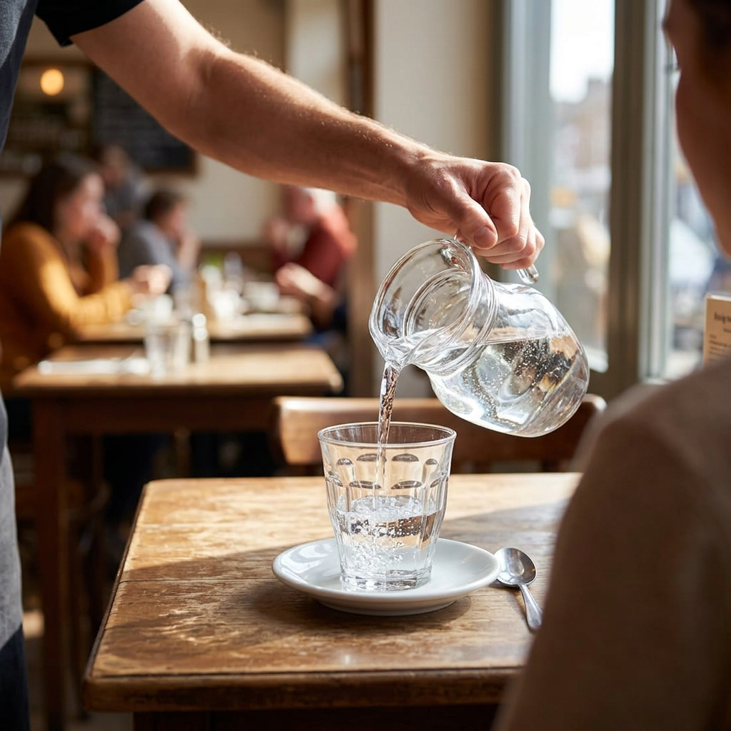 Servering af vand i caféglas ved solbeskinnet cafébord