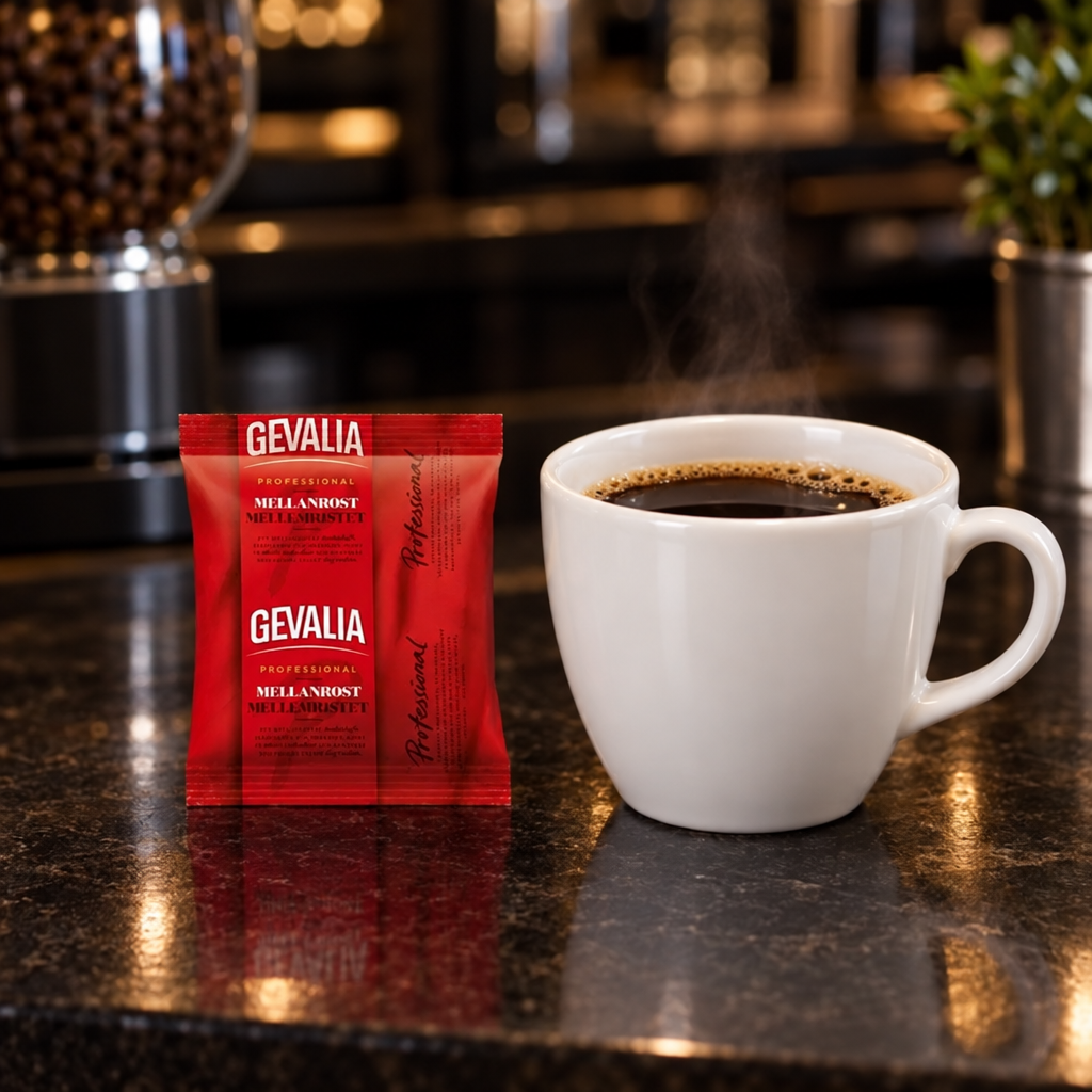 Gevalia portionspose ved hvid kaffekop på mørk cafébordplade