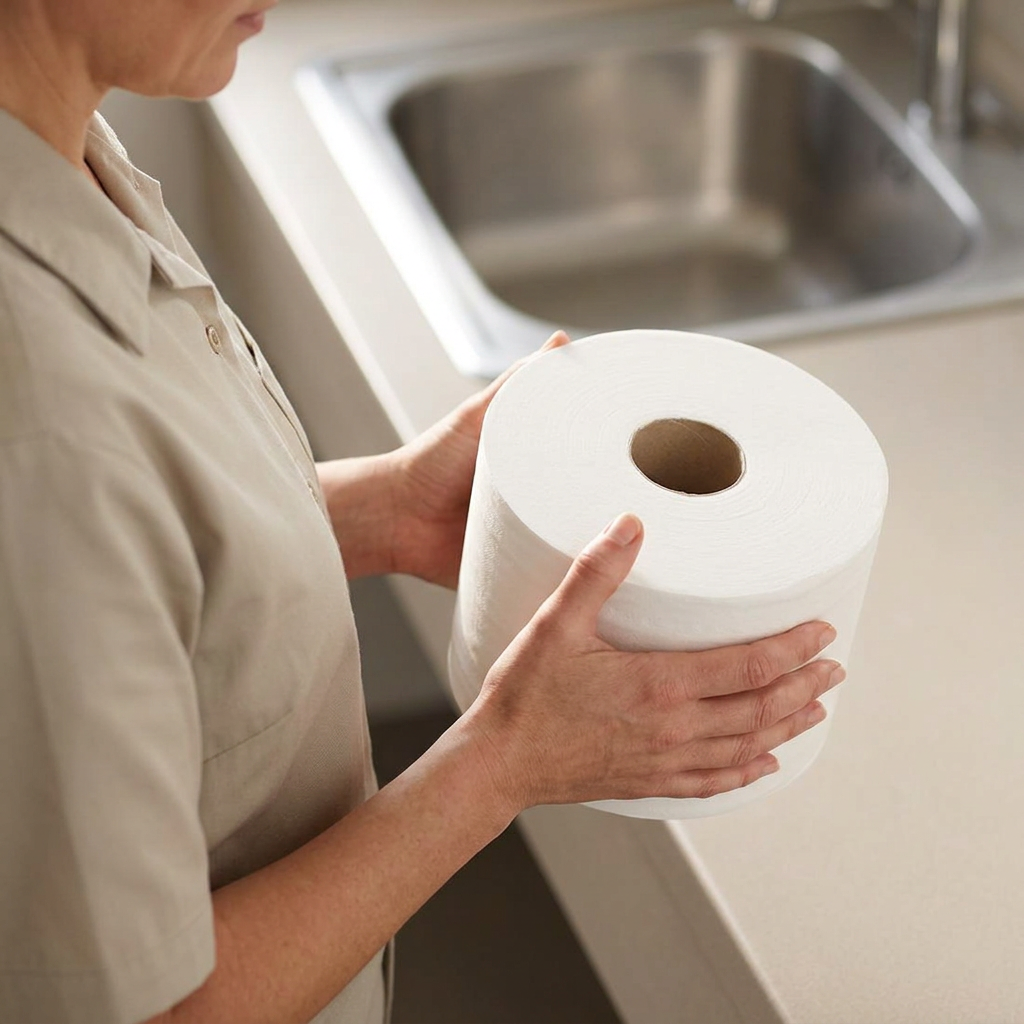 Medarbejder holder hvid toiletrulle med begge hænder ved servicebord