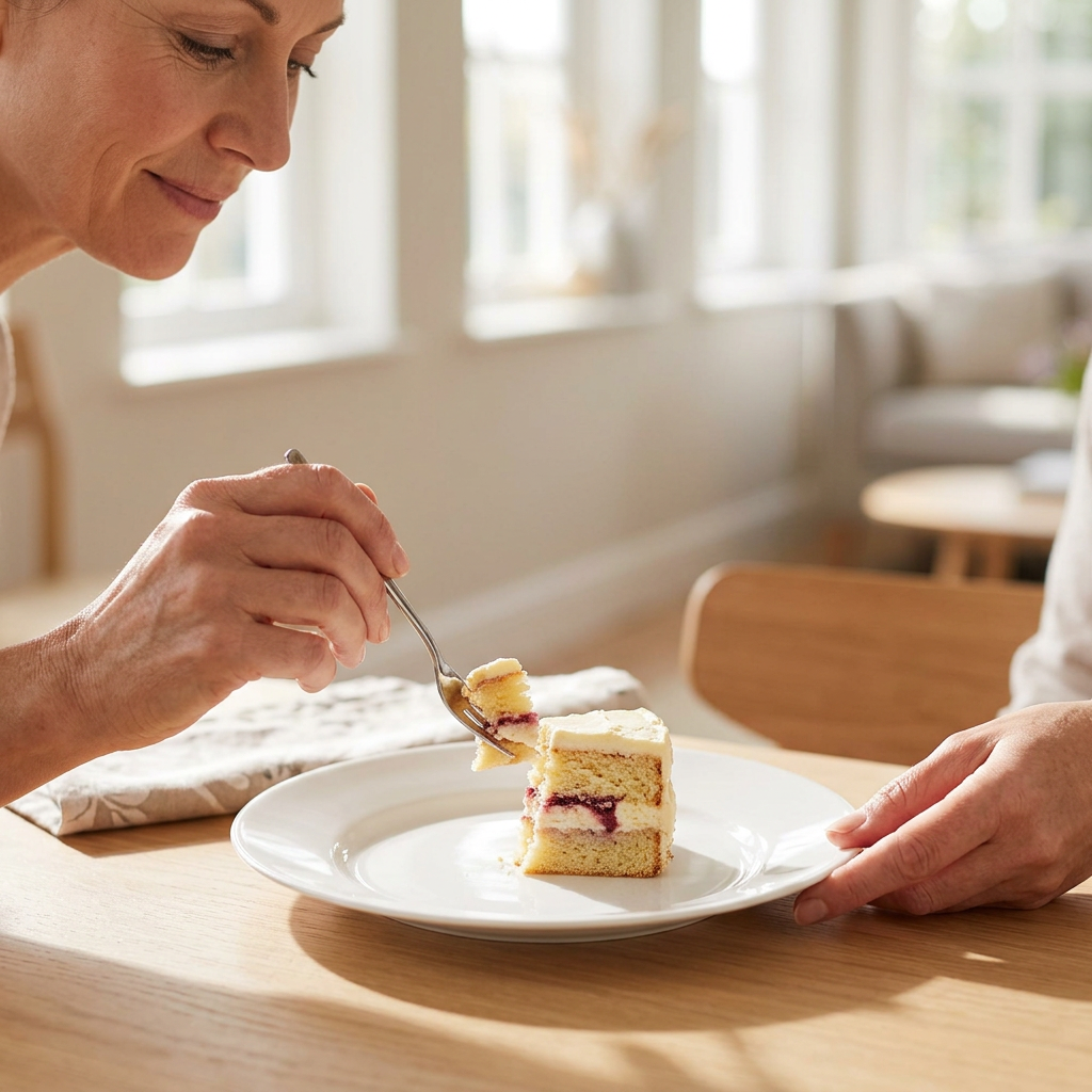 Kvinde spiser kage fra hvid tallerken