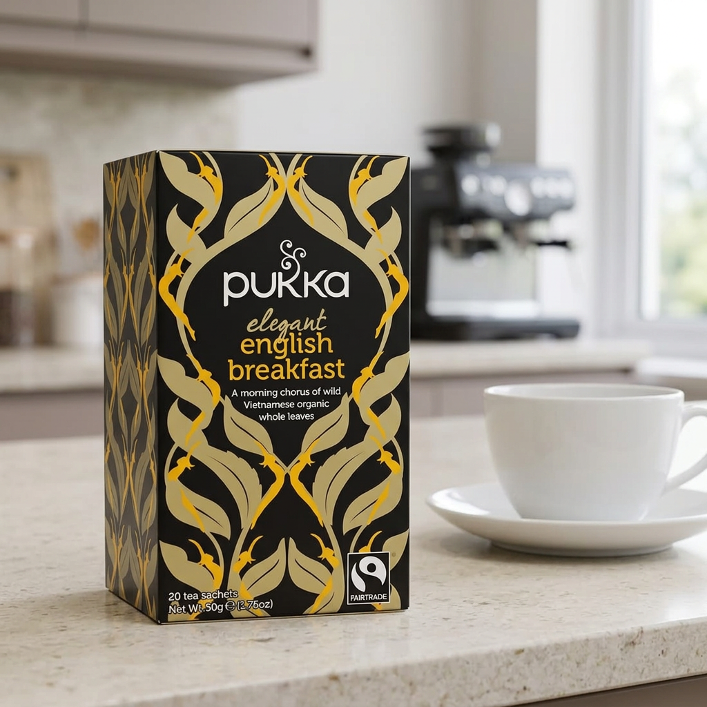 Pukka English Breakfast med sort-gul æske ved testationen