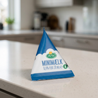 Arla minimælk 0,4 %, 20 ml, på lys køkkenbordplade