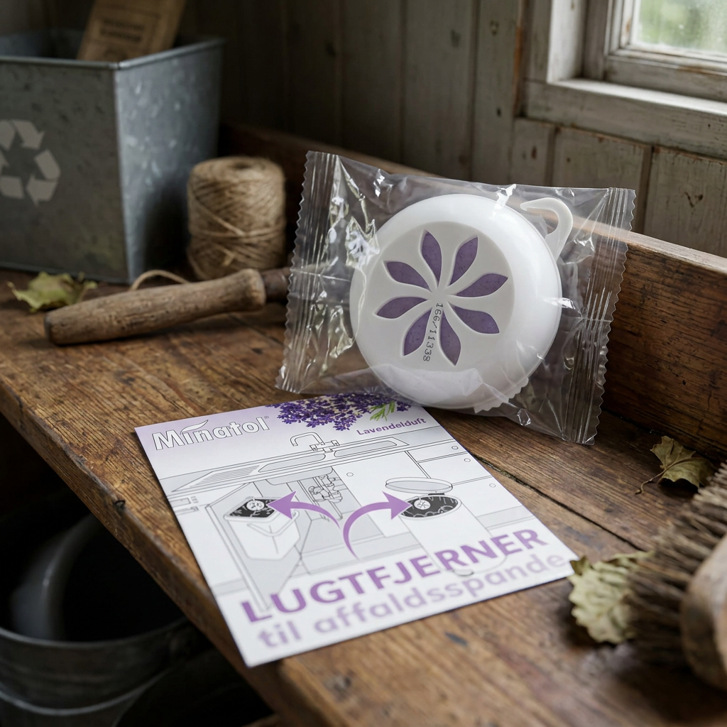 Minatol lavendel-lugtfjerner med emballage på bænk i sommerhusets bryggers, stemningsbillede
