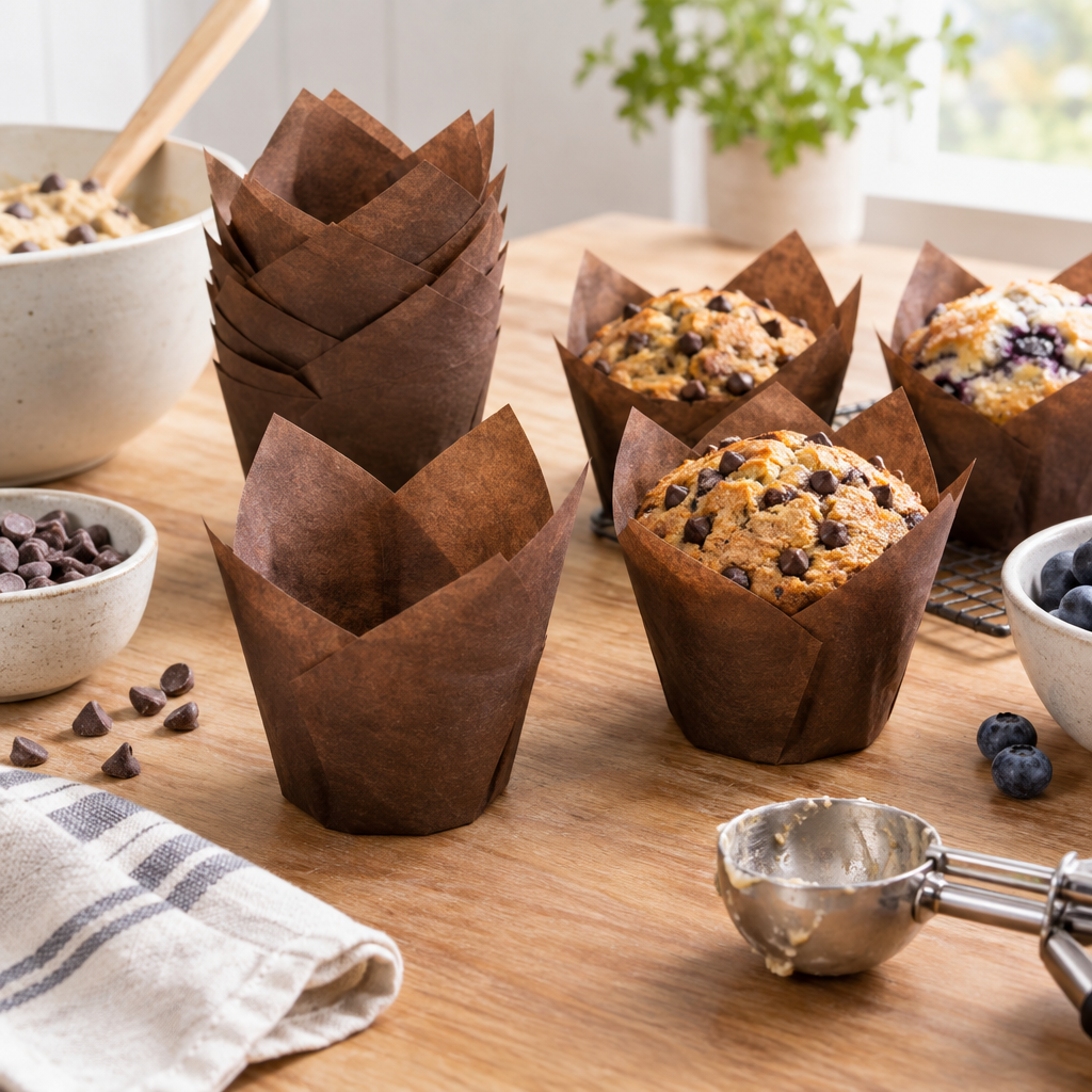 Stemningsbillede af tulipanforme og muffins ved arbejdsbord, ikke foto af de konkrete muffinsforme