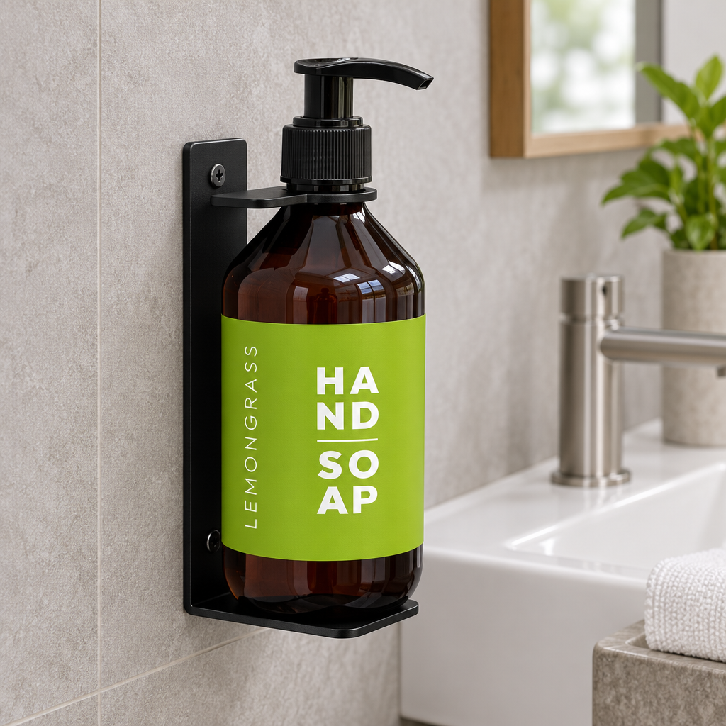 Sort Luxus-vægbeslag med passende Lemongrass-sæbeflaske ved håndvask