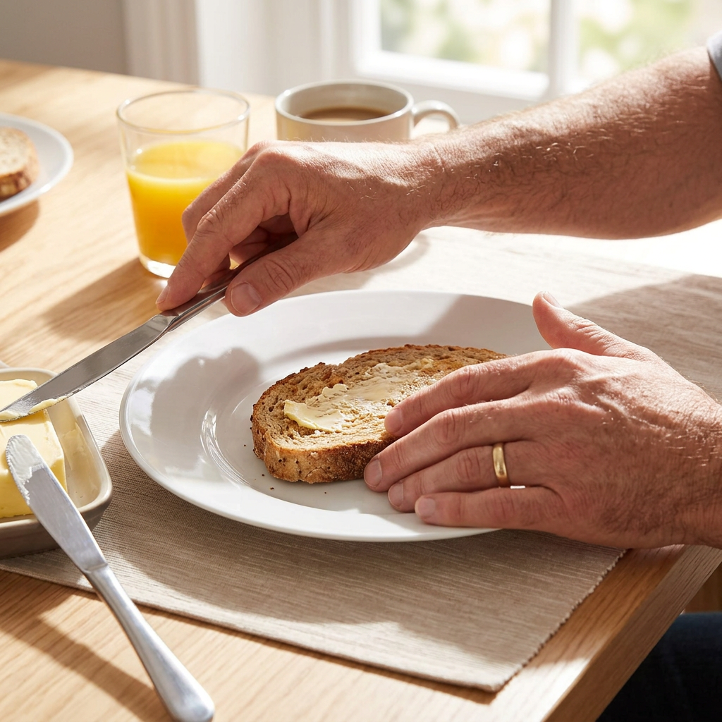 Brød smøres ved hvid tallerken på morgenbordet