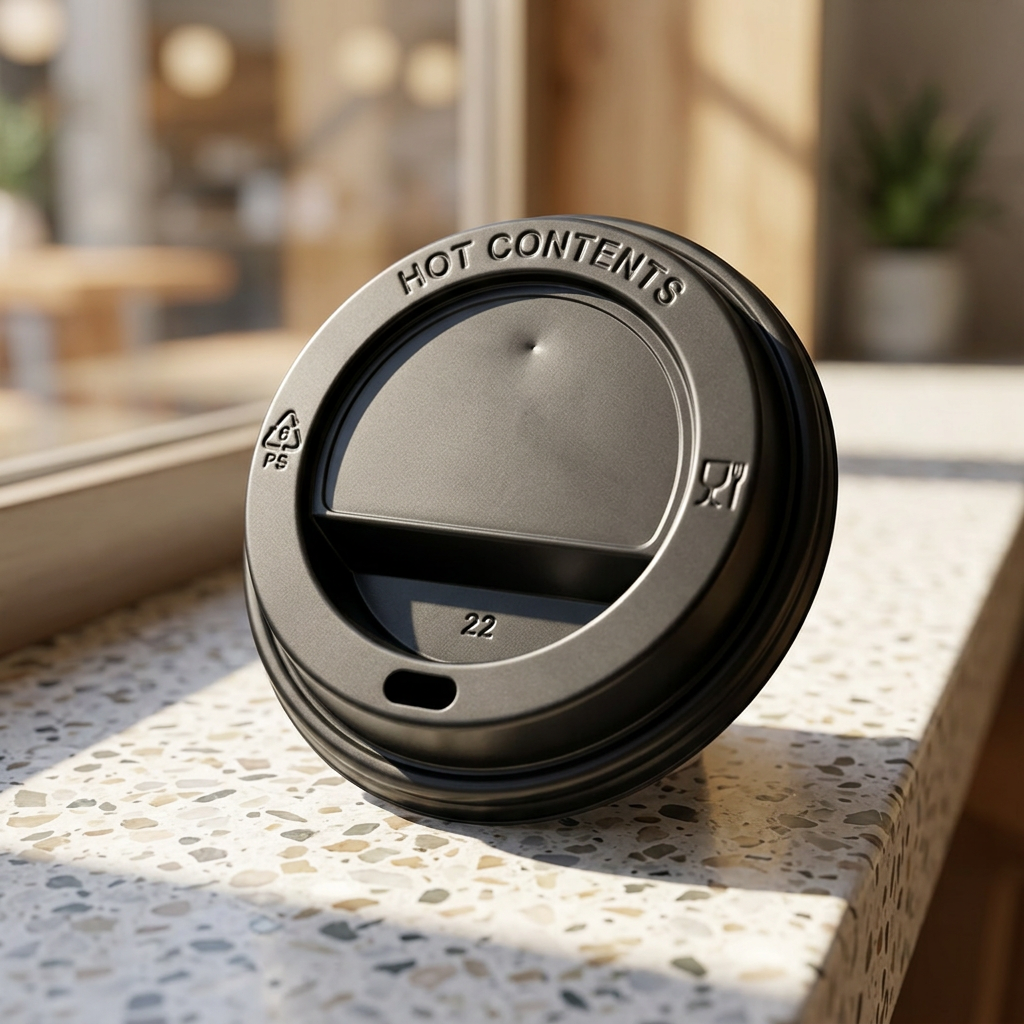 Sort drikkelåg på terrazzokarm ved solbelyst cafévindue