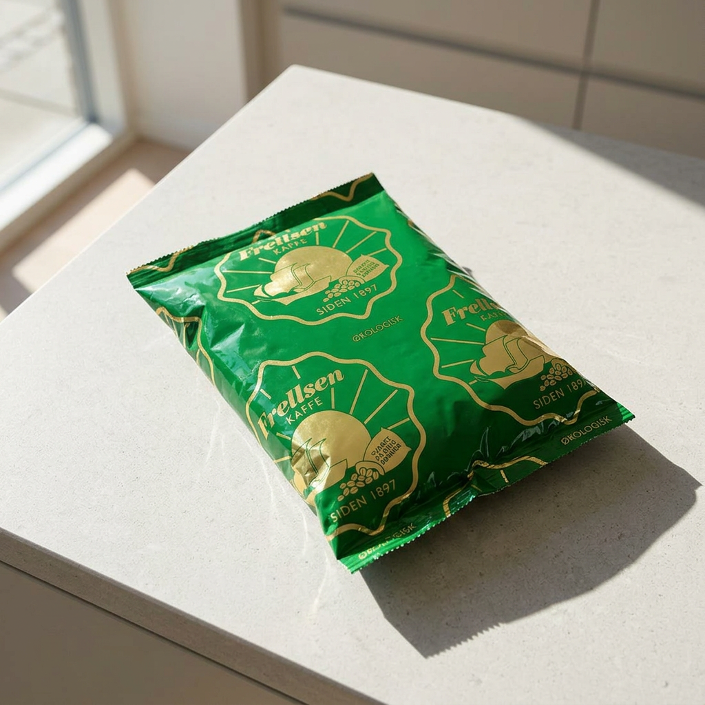 Frellsen-kaffepose på en solbelyst køkkenbordplade, stemningsbillede