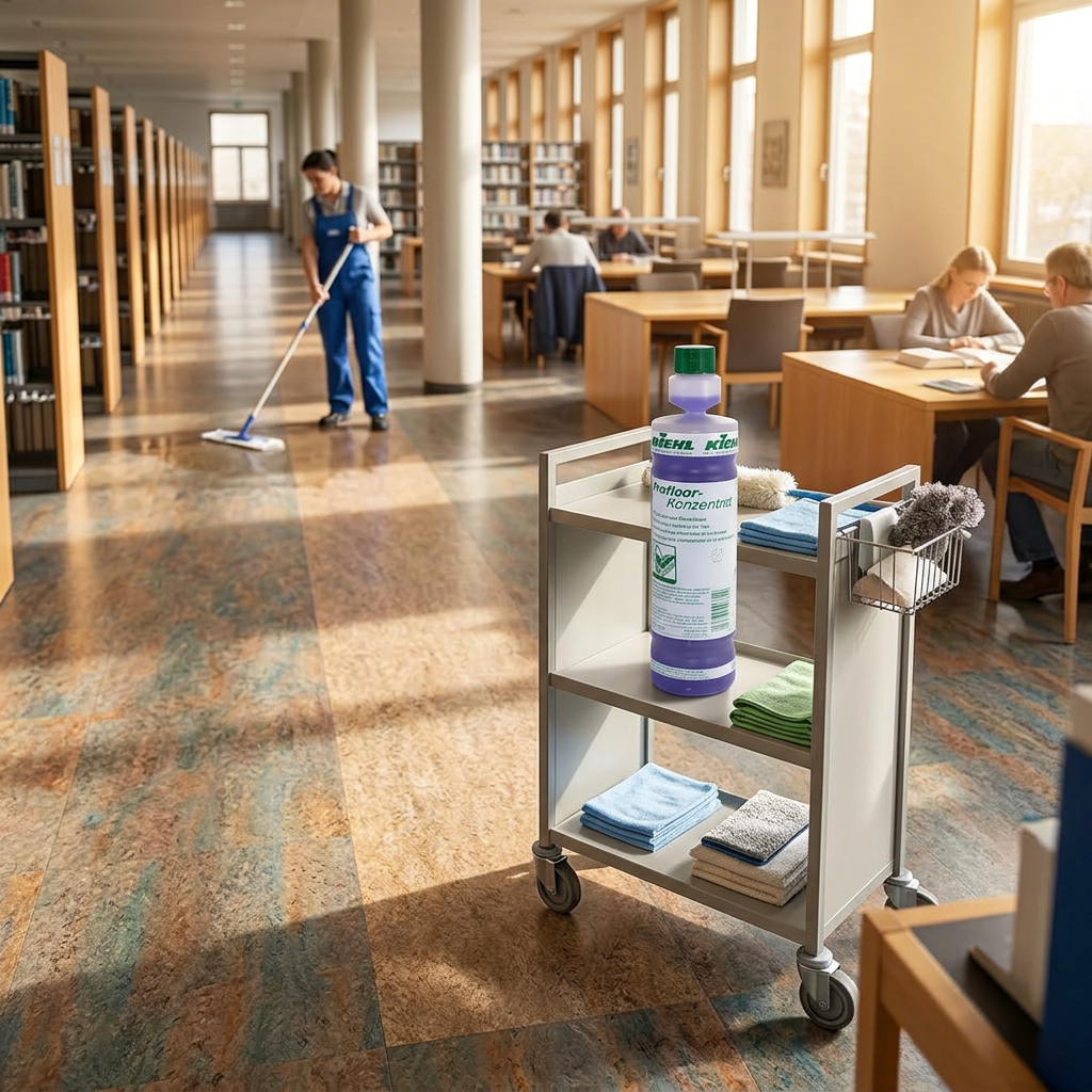 Kiehl Profloor-Koncentrat på rengøringsvogn i solrigt bibliotek med gulvvask i baggrunden, stemningsbillede