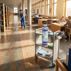 Kiehl Profloor-Koncentrat på rengøringsvogn i solrigt bibliotek med gulvvask i baggrunden, stemningsbillede
