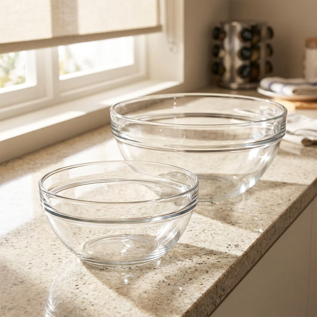 Glasskål 14 cm forrest og separat 26 cm skål bagved; salgspakken indeholder kun seks 14 cm skåle