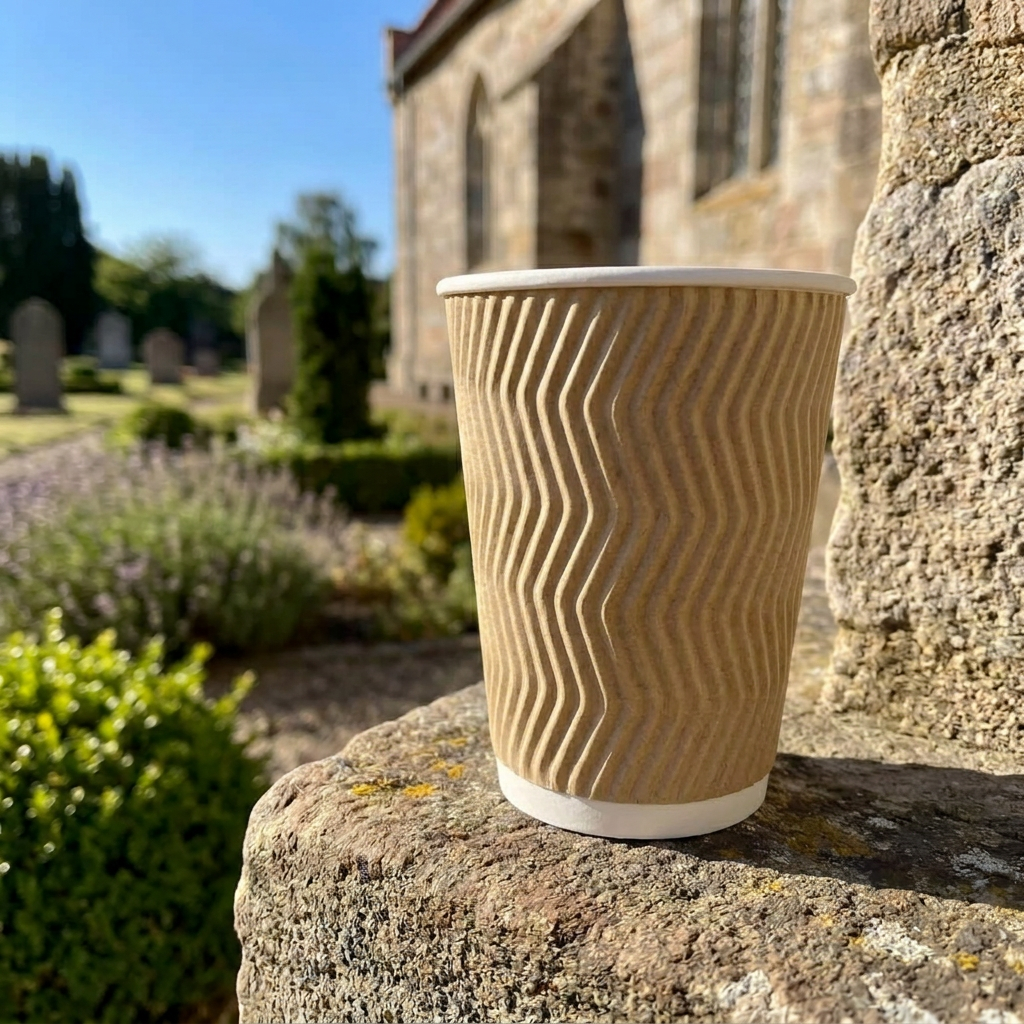 Brunt kaffebæger uden tryk på stenkant ved kirke i solskin