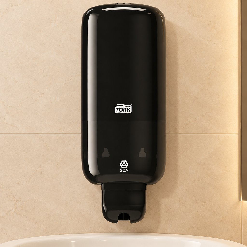 Sort Tork S1-dispenser på lys væg i hotelbadeværelse