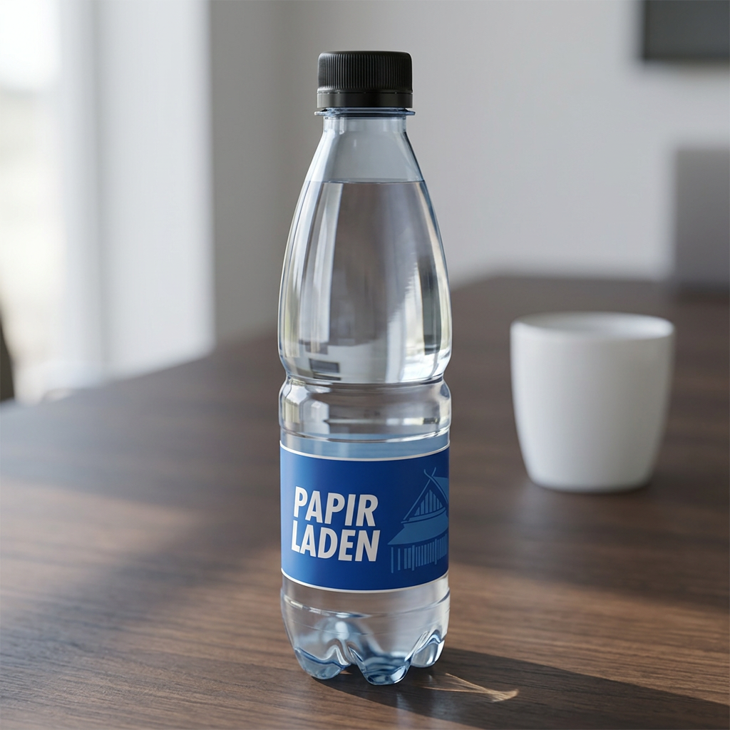 Papirladens 0,5-liters logovand med sort låg på et mørkt mødebord