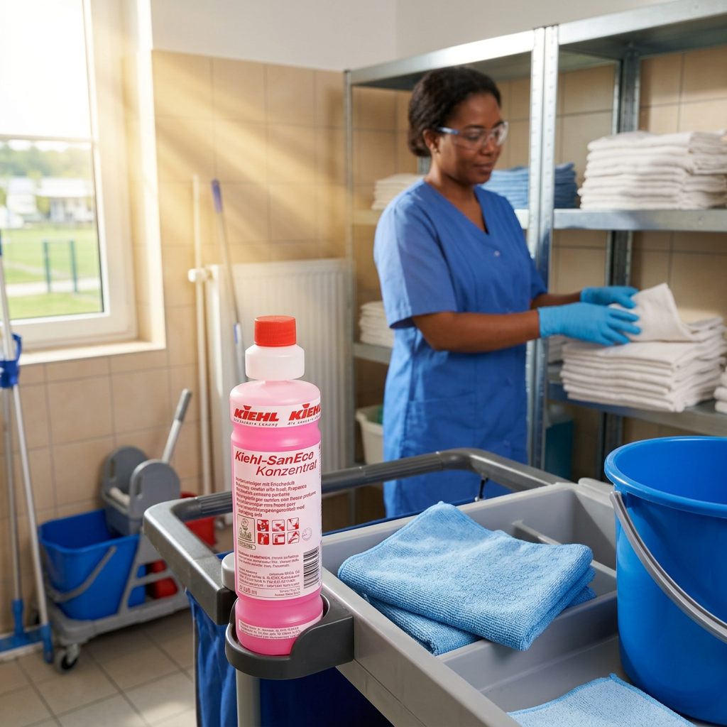 Kiehl SanEco-Koncentrat 1 L på vogn med voksen medarbejder og foldede klude i solrigt servicerum, stemningsbillede