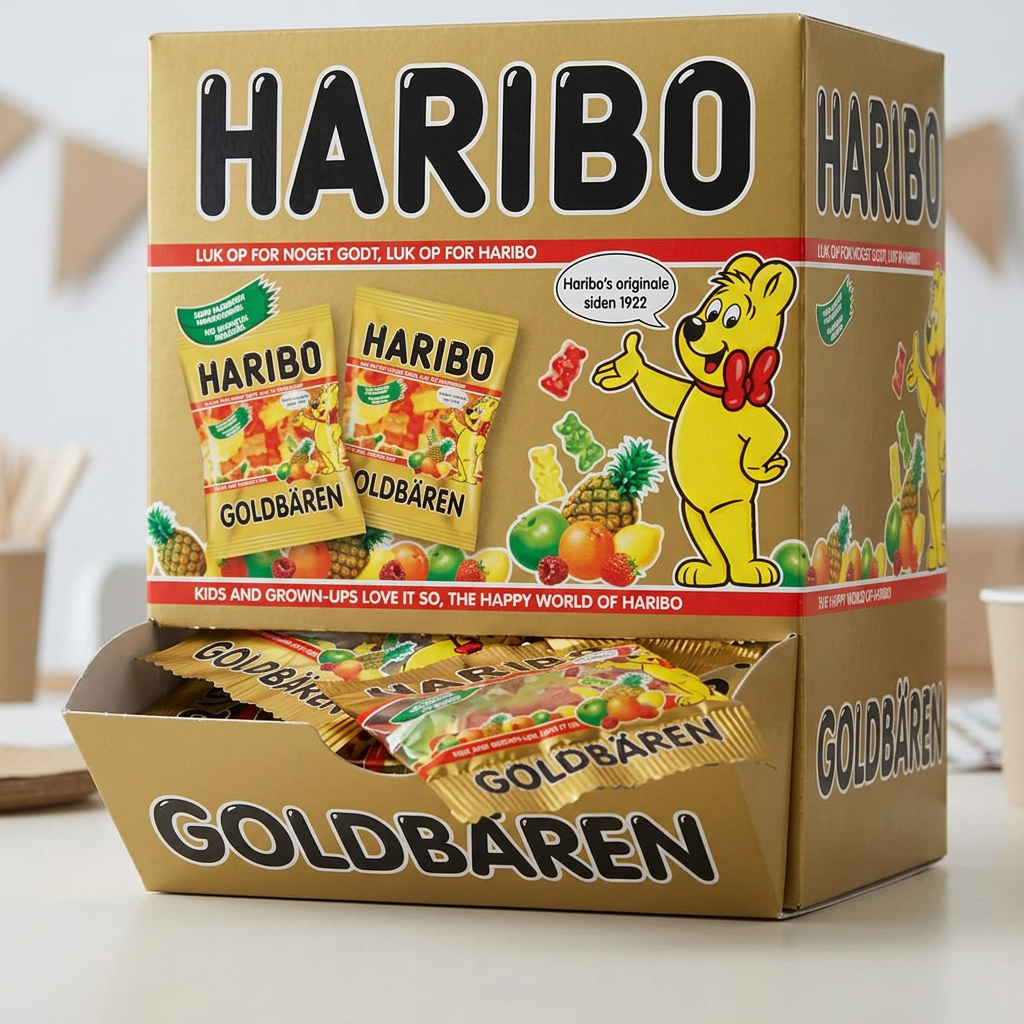 Haribo Guldbamser i displaykasse på et lyst velkomstbord