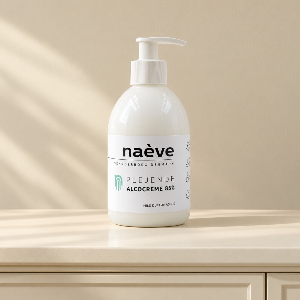 Naeve Alcocreme med mild agurkeduft på lys konsol i dagslys
