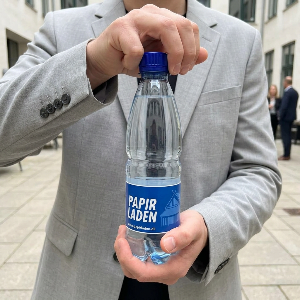 Blåt låg drejes på en håndholdt 0,5-liters logovandsflaske ved et udendørs arrangement
