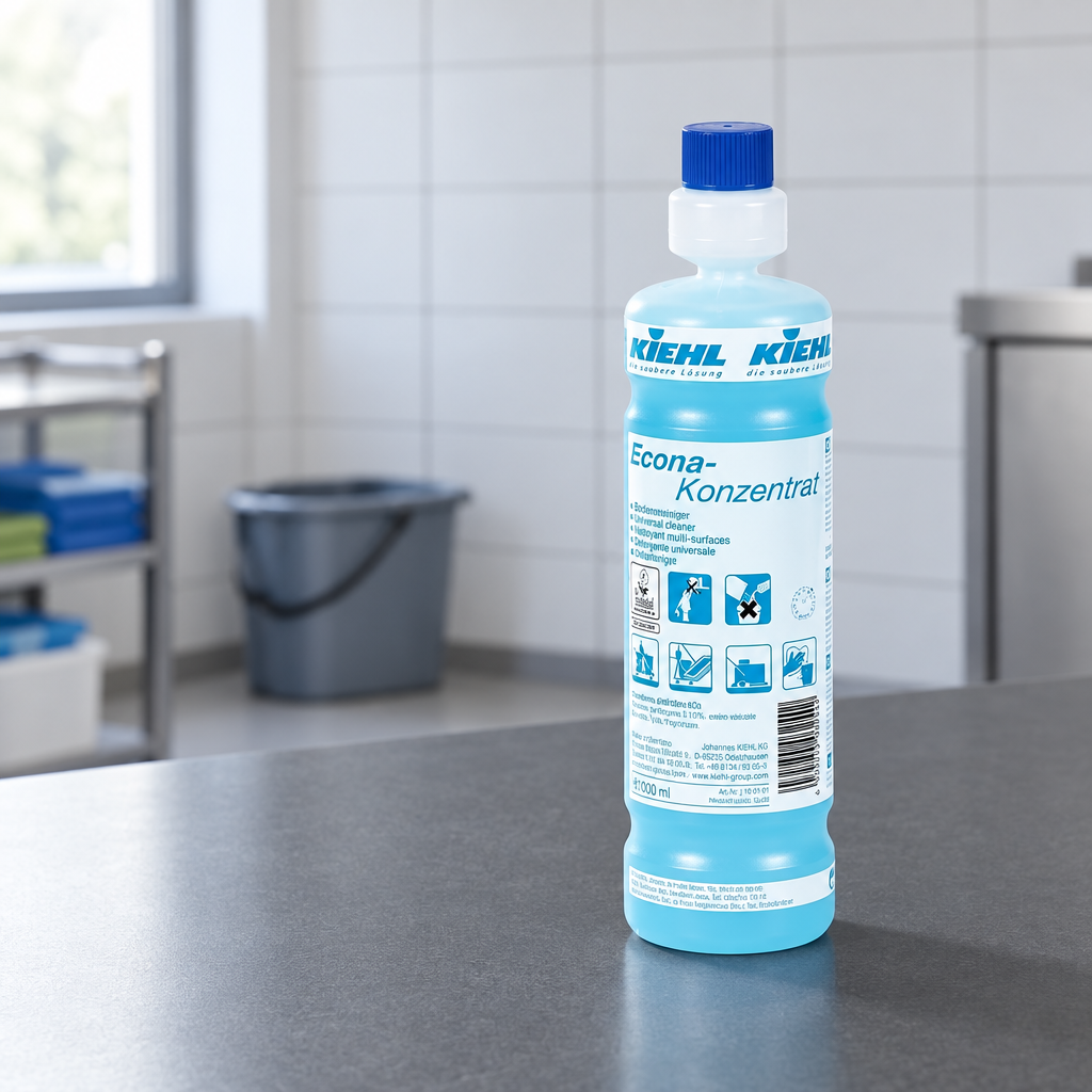 Kiehl Econa-Koncentrat 1 L på gråt klargøringsbord i rengøringsrum med dagslys