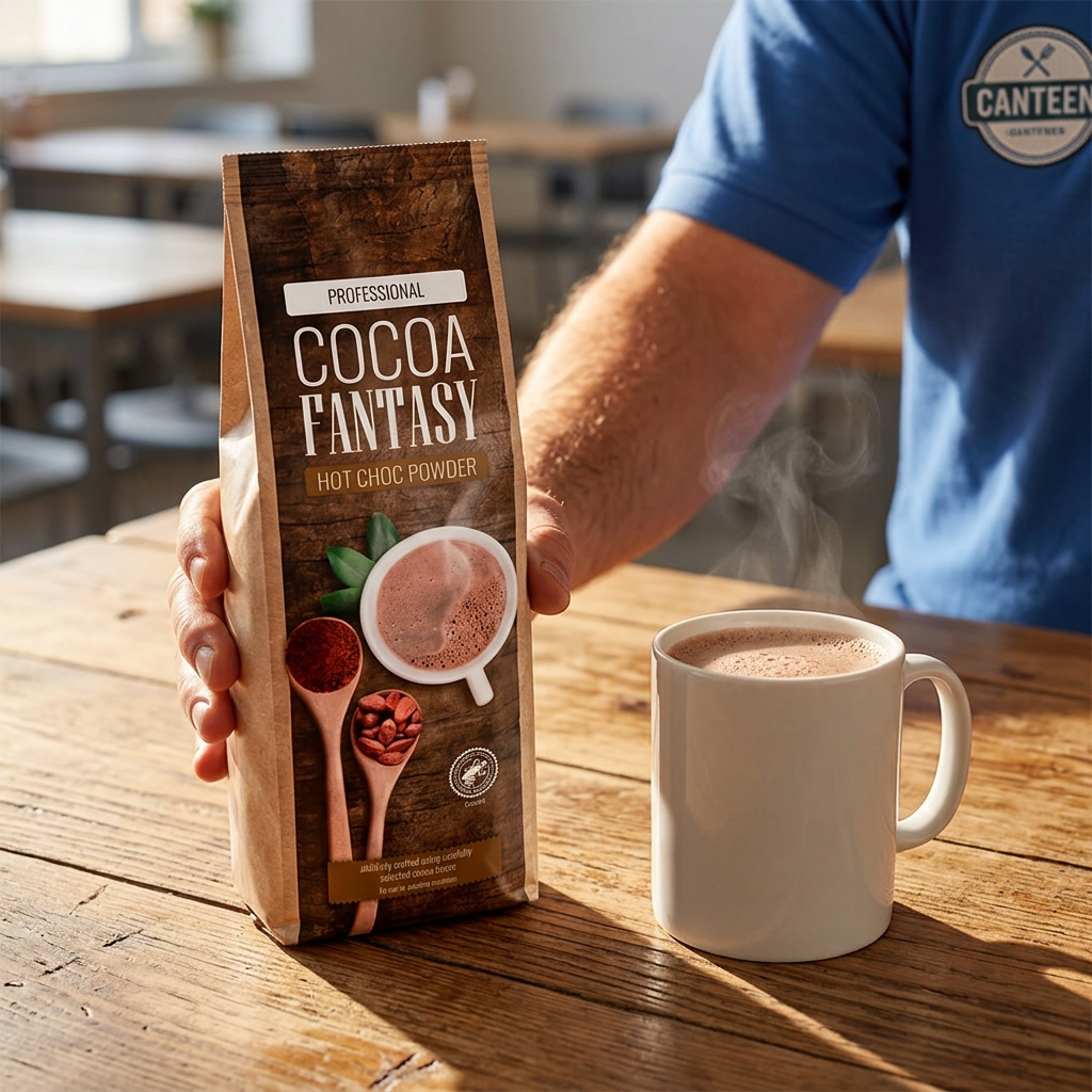 Kantinemedarbejder stiller Cocoa Fantasy ved en kop kakaodrik i sollys; kop medfølger ikke