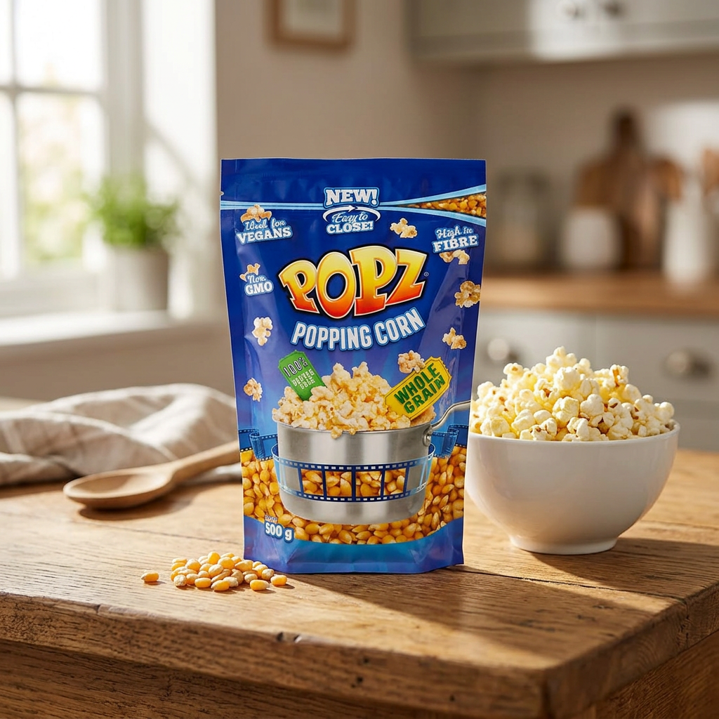 Popz majskerner 500 g ved en skål frisklavede popcorn på køkkenbordet