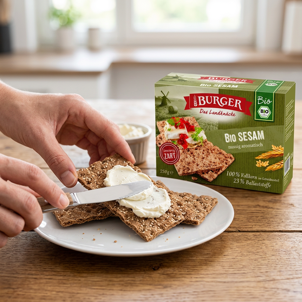 Burger Bio Sesam-knækbrød smøres med pålæg
