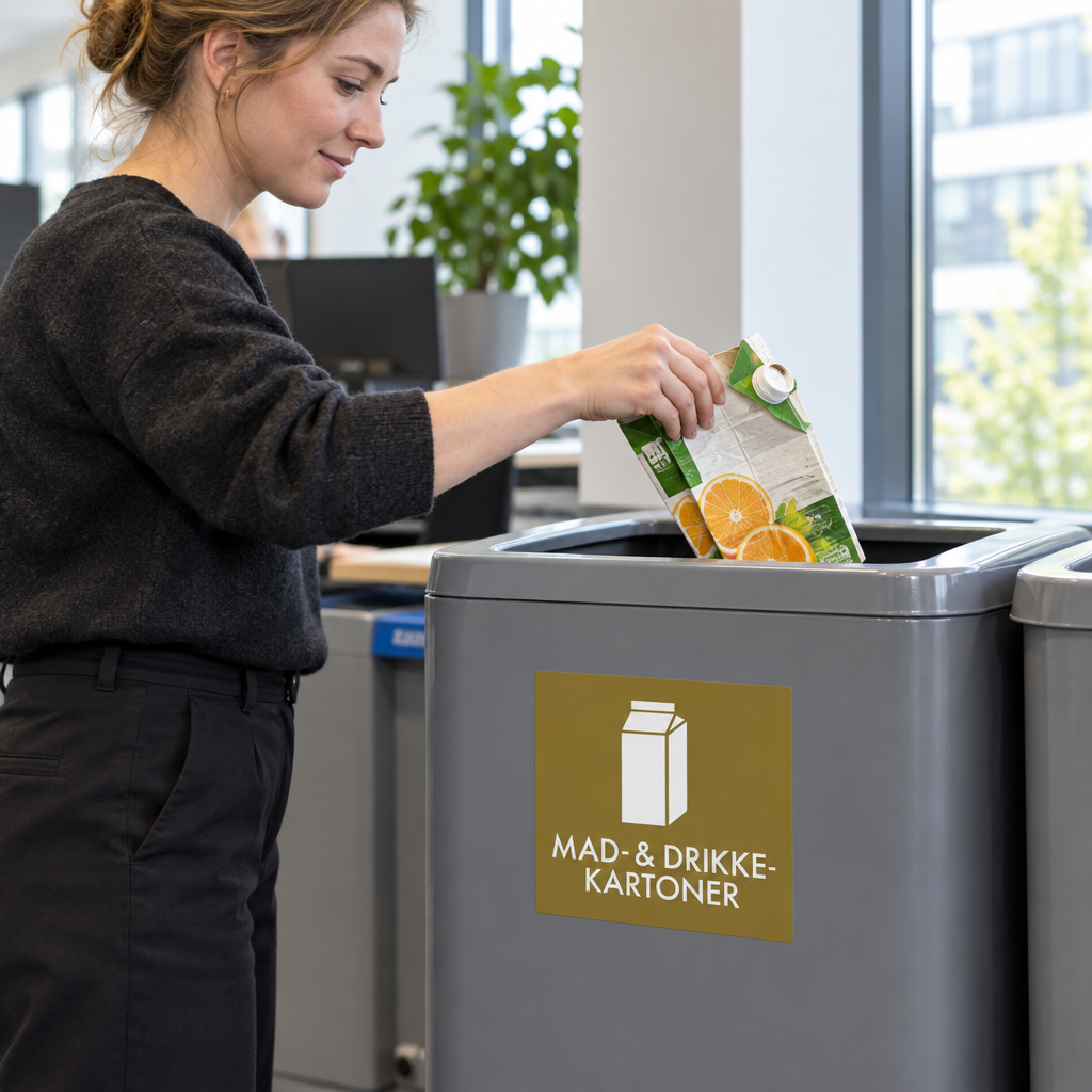 Brugssituation: person sorterer juicekarton i mærket beholder