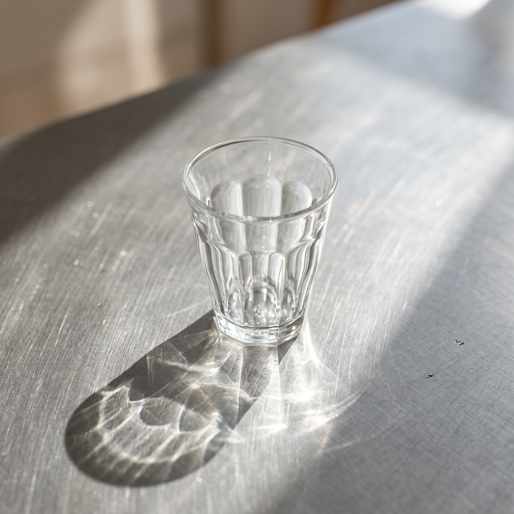 Duralex Picardie caféglas 13 cl på stålbord i professionelt køkken