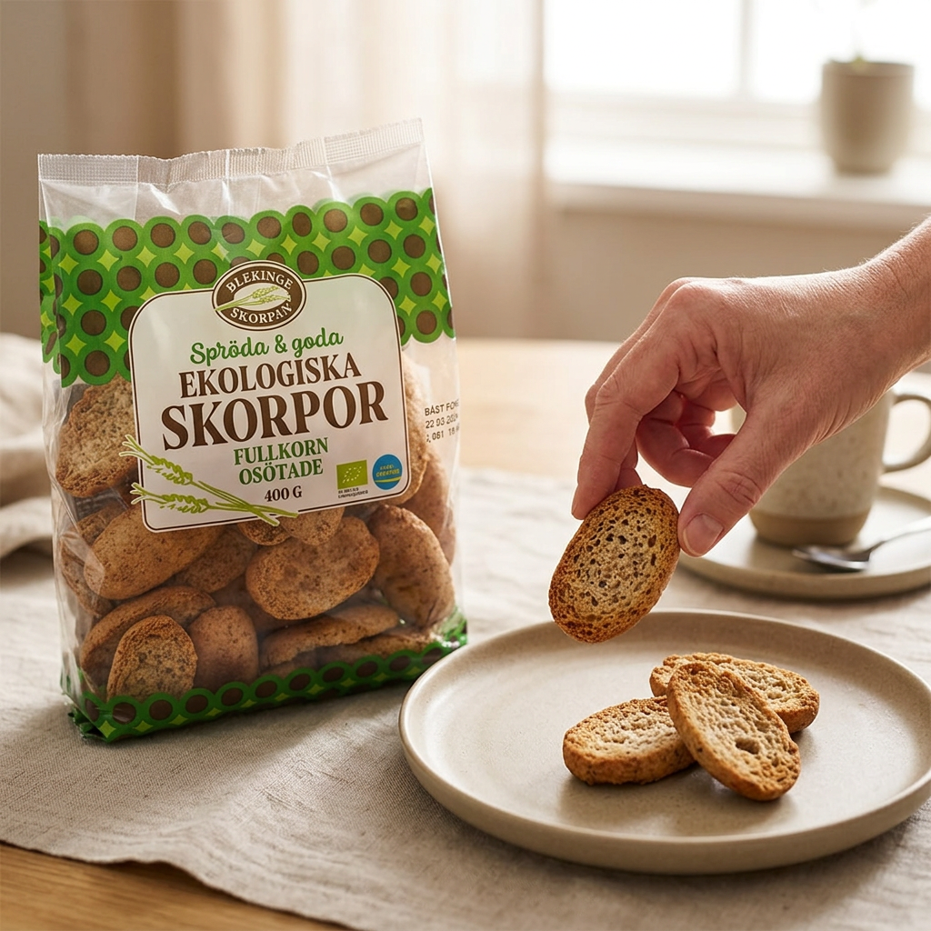 En fuldkornsskorpe tages fra tallerkenen ved posen fra Blekinge Skorpan