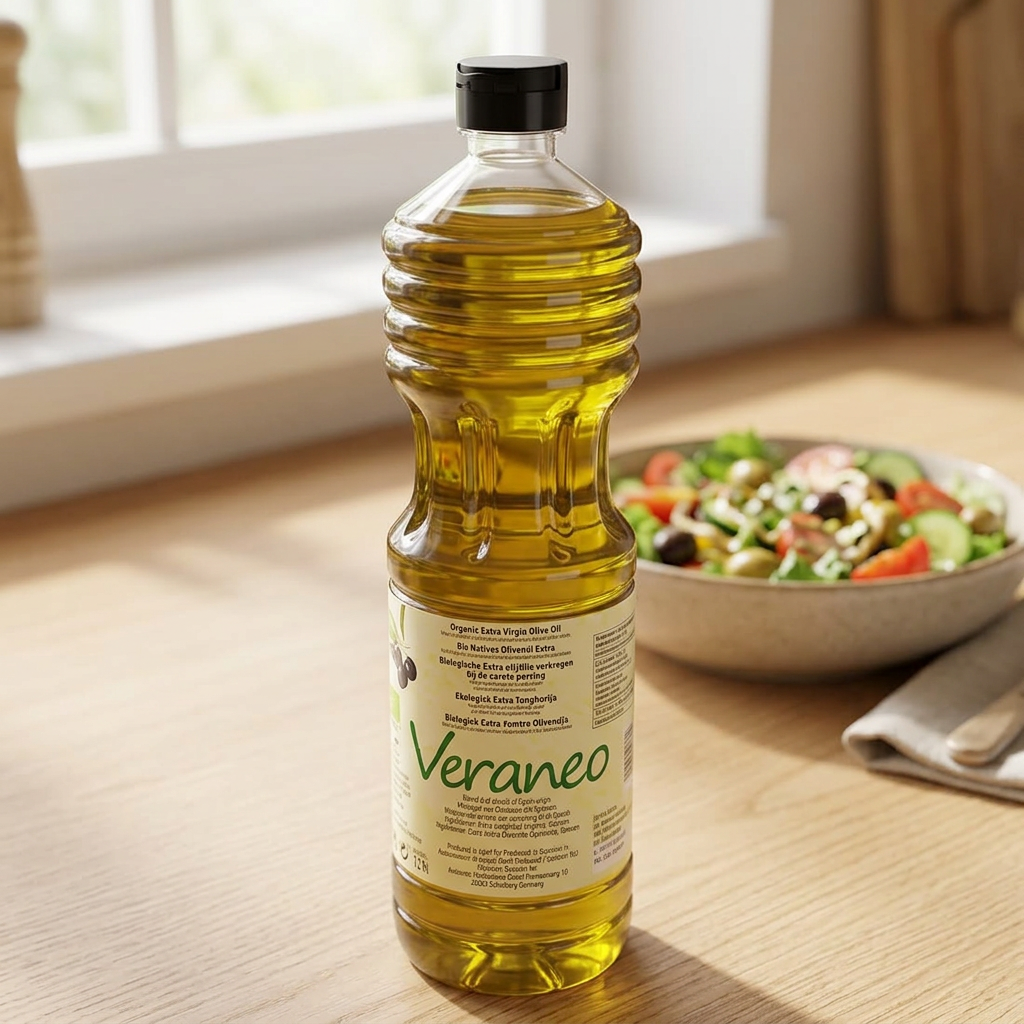 Veraneo økologisk olivenolie ved salat på solbelyst køkkenbord
