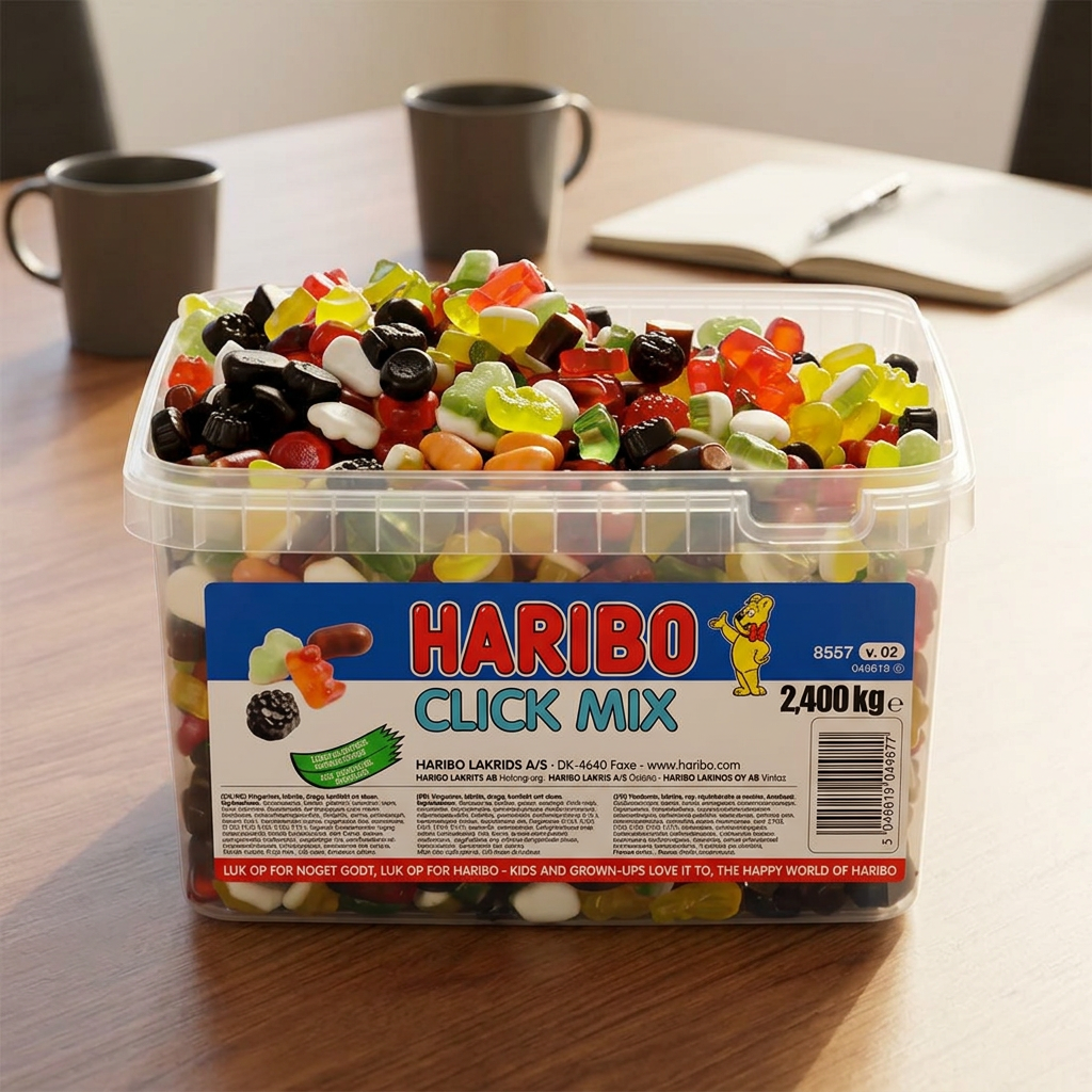 Haribo Click Mix ved mødebordet med kopper og notesbog