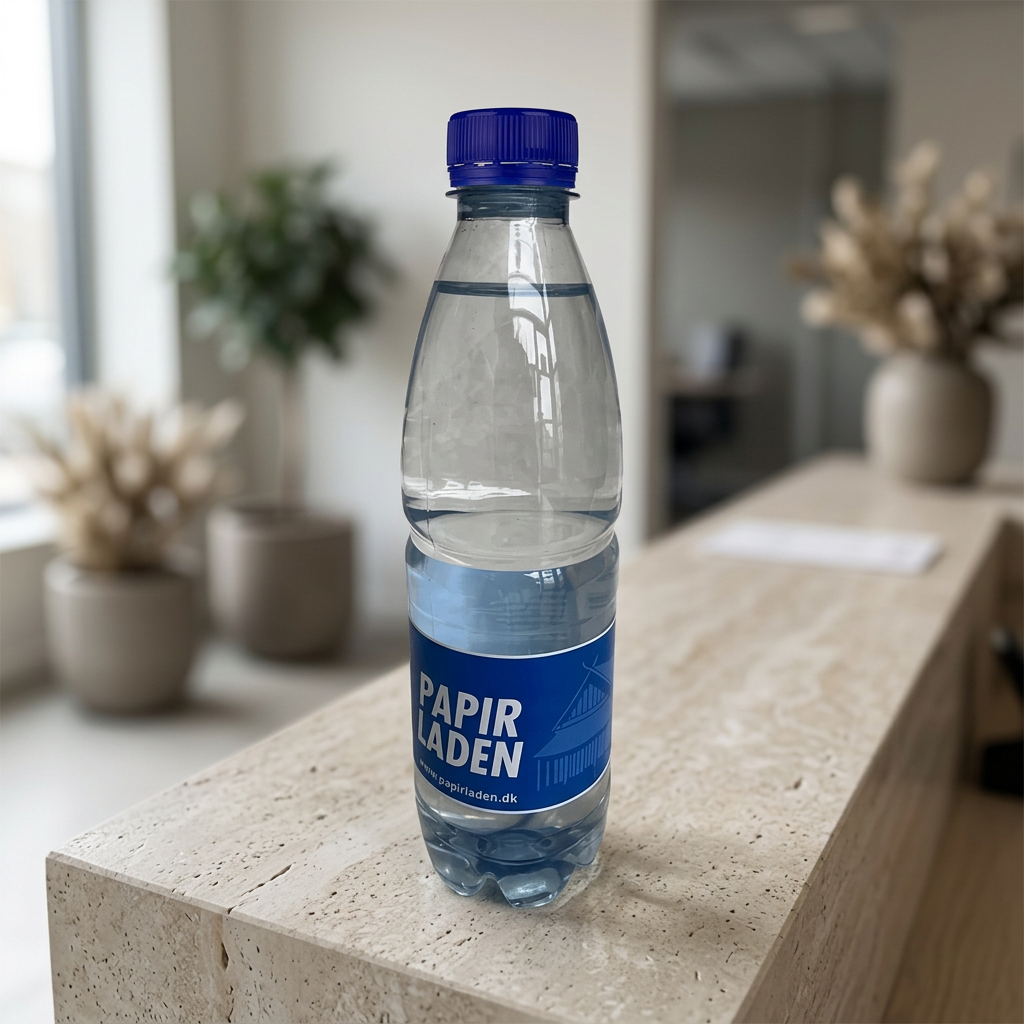 0,5-liters logovand med blåt låg og blå Papirladen-etiket på receptionsdisken