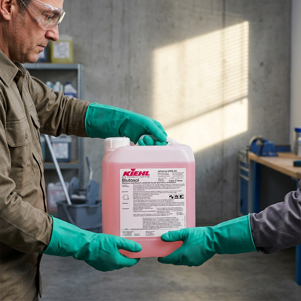 Stemningsbillede af voksne medarbejdere med handsker og en lukket Kiehl Blutoxol-dunk