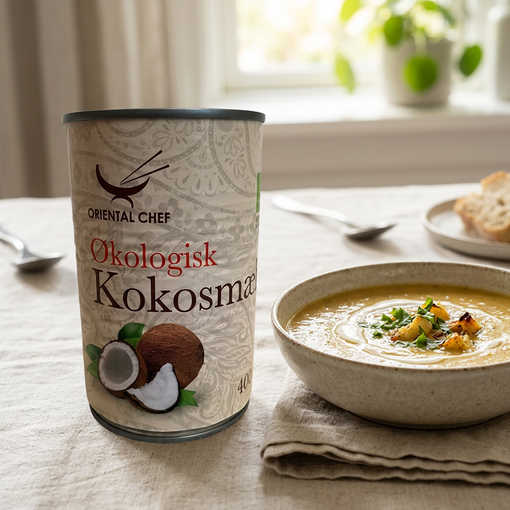 Økologisk kokosmælk ved en skål cremet grøntsagssuppe