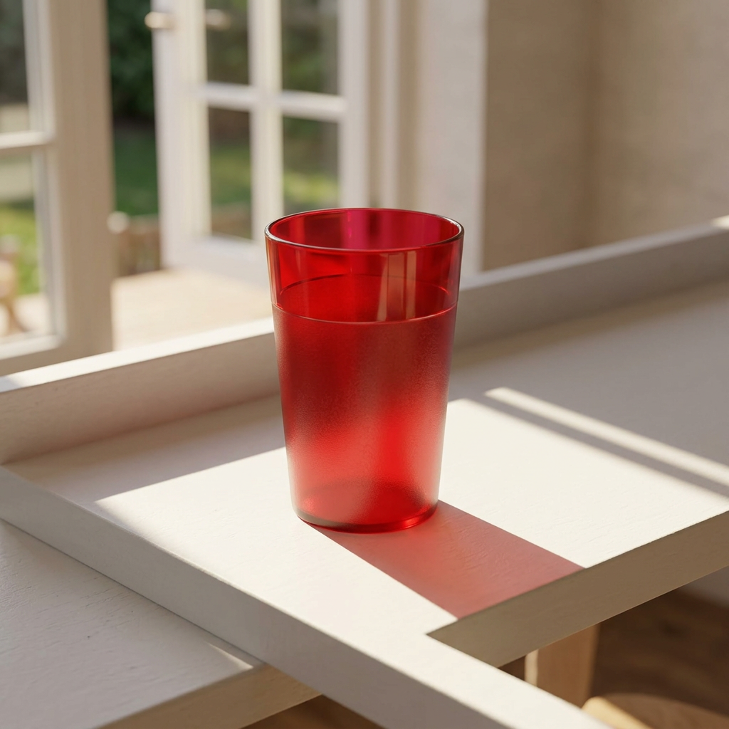 Rødt Frost-polyglas på en hvid hylde ved vinduet