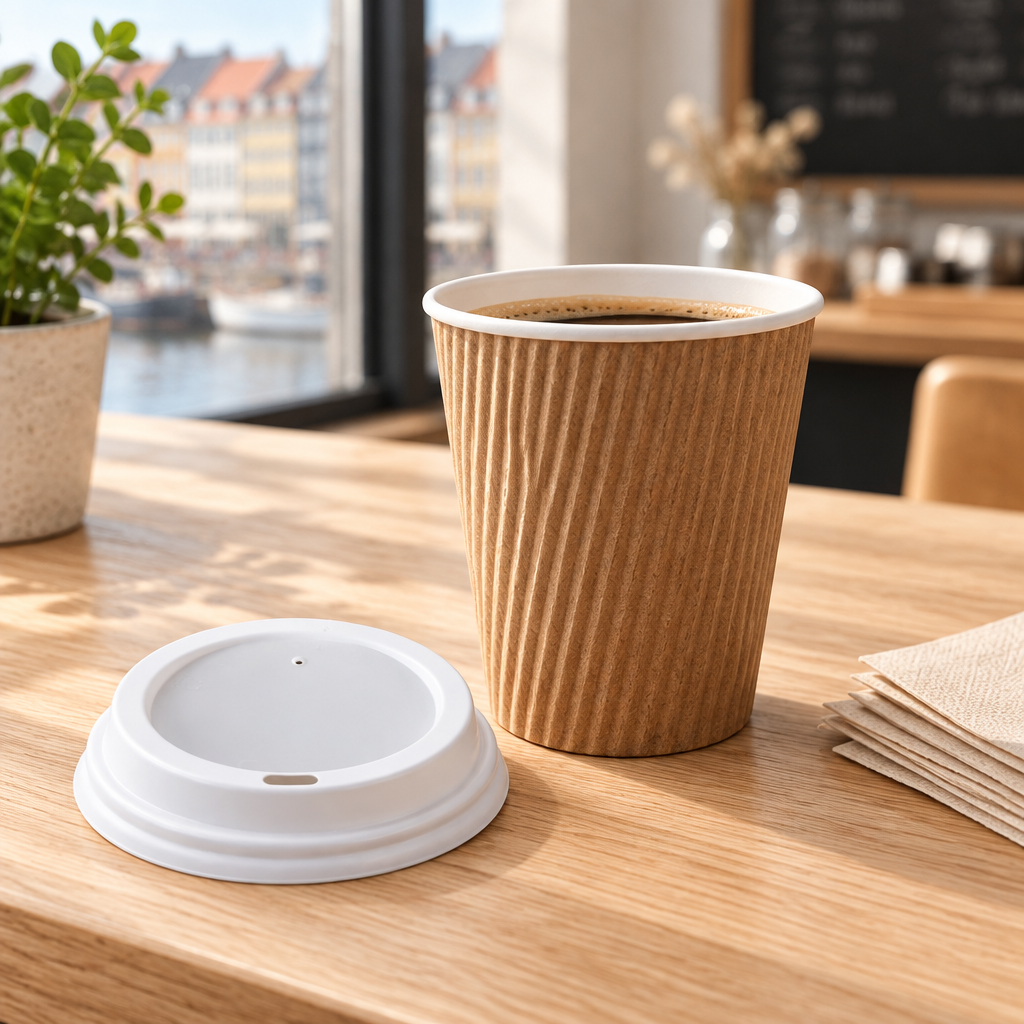 Stemningsillustration af hvidt kaffelåg ved et brunt bæger på en cafédisk