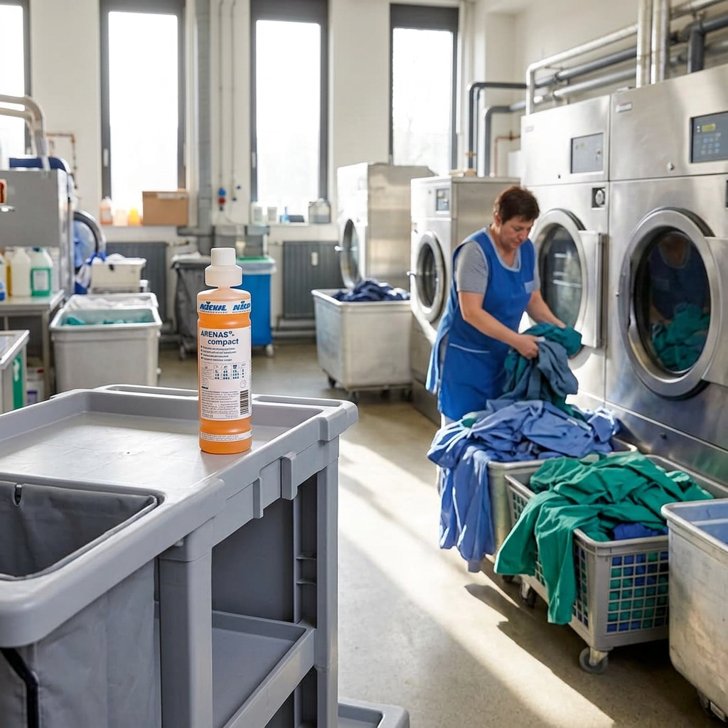 Kiehl Arenas Compact 1 L ved sortering af kulørt arbejdstøj i solrigt vaskeri