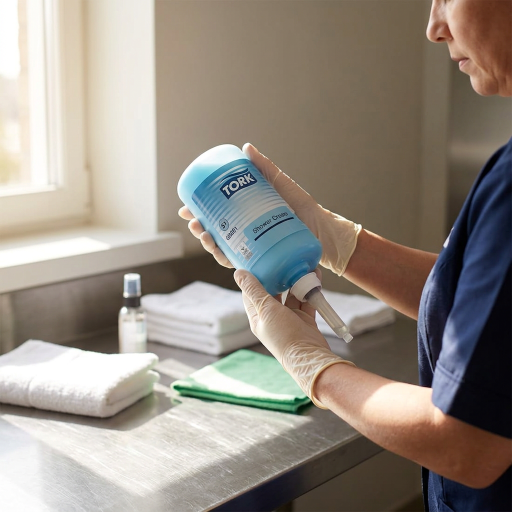 Medarbejder holder Tork S1 Shower Cream-refill i et solbelyst servicerum