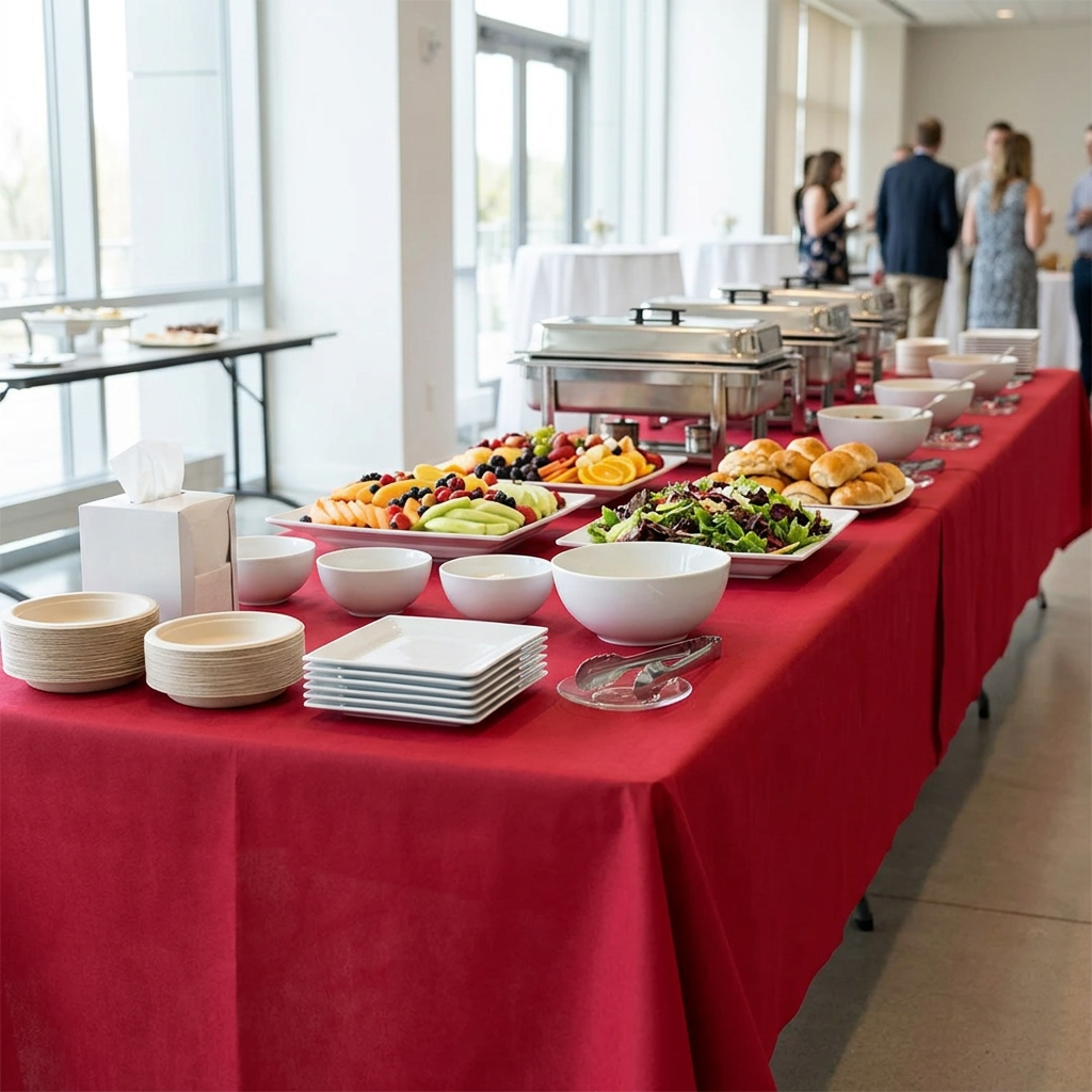 Buffetbord med rød airlaid-dug ved reception